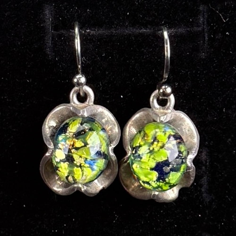 Handmade Silver Flower Earrings with Lime Green and Blue Glass Cabochons